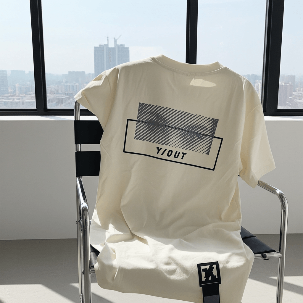 Camisa Y/out Amarillo Crema con diseño gráfico en la espalda, colgada en silla moderna frente a ventana con vista urbana. Estilo casual y urbano.