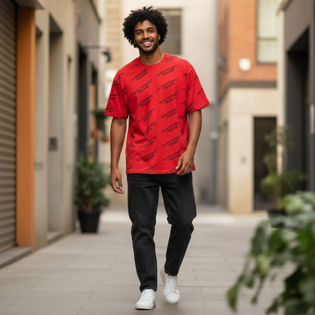 Hombre usando camiseta  Roja Y/Out, estilo streetwear moderno, ideal para outfits casuales.