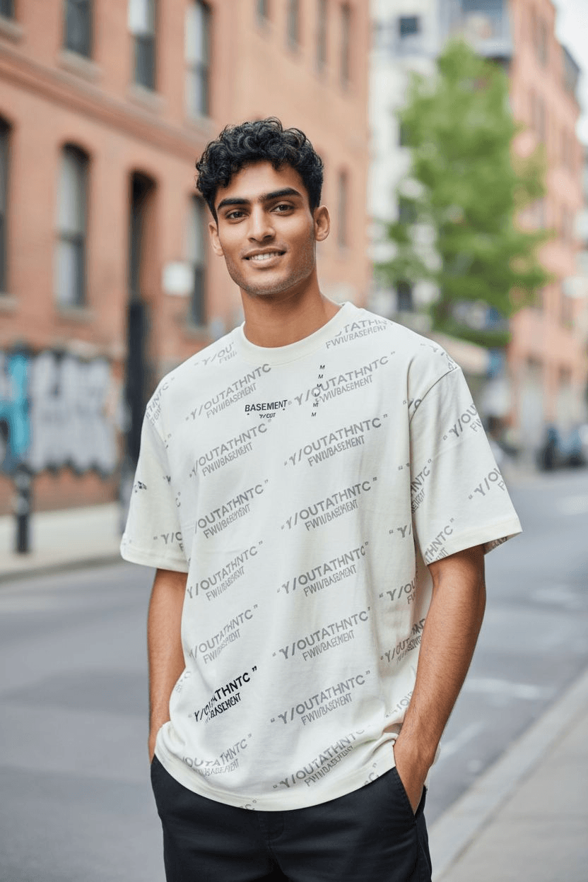 Camisa blanca Y/out con estampado repetido Y/OUTAUTHNTC, estilo urbano y moderno, ideal para outfits casuales de verano en ciudad.