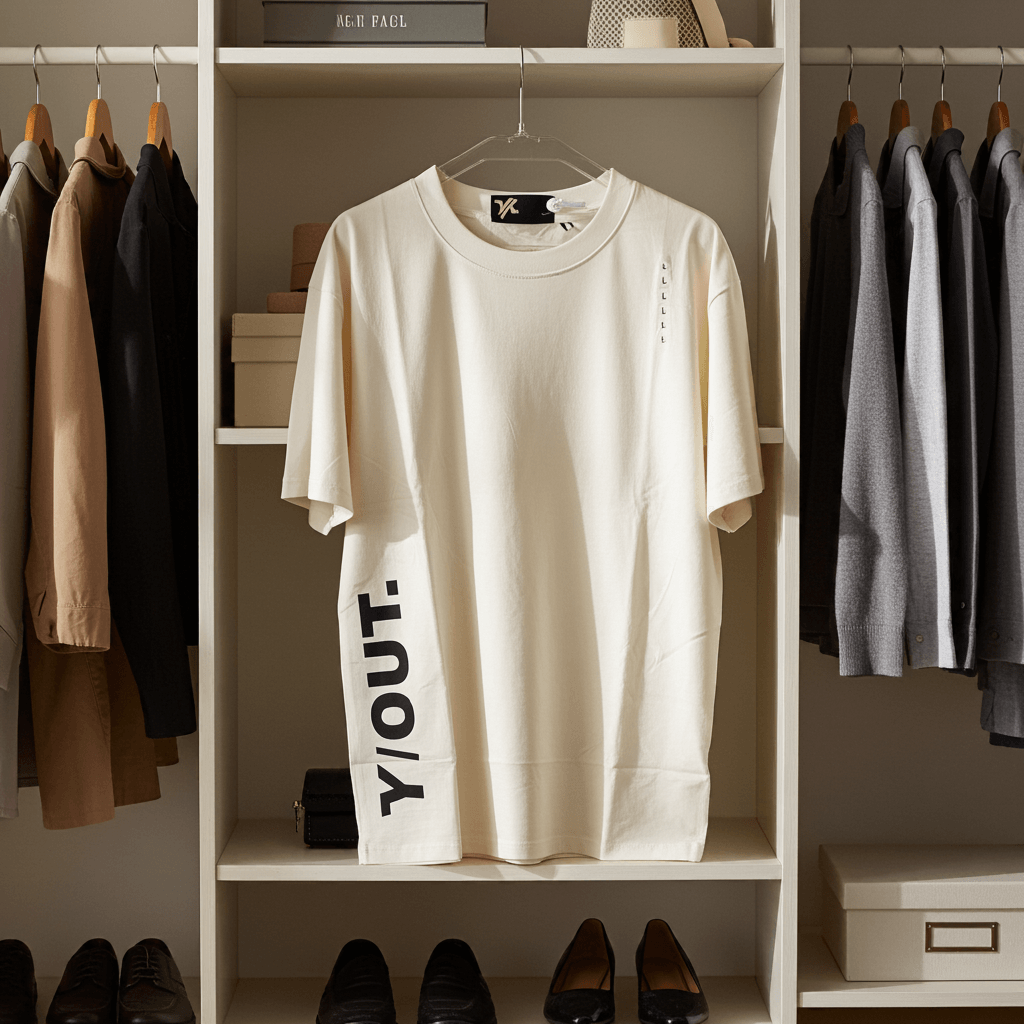 Camisa Y/out Amarillo Crema colgada en clóset moderno, ideal para looks casuales y urbanos. Diseño minimalista con estampado lateral en negro.