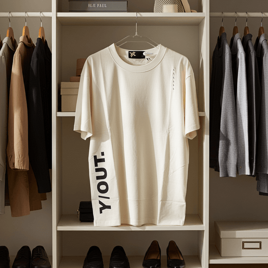 Camisa Y/out Amarillo Crema colgada en clóset moderno, ideal para looks casuales y urbanos. Diseño minimalista con estampado lateral en negro.